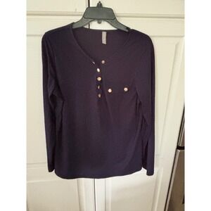 NORACORA Women's Navy Blue Long Sleeve Henley Top Gold Button Detail Size XL